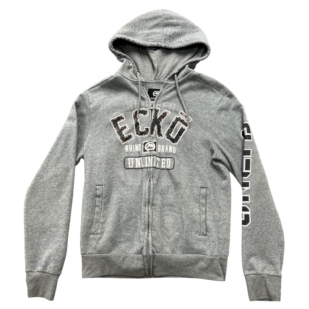 Ecko Unltd Mens Rhino Brand Full Zip Hoodie Gray Graphic Sweatshirt Size Small